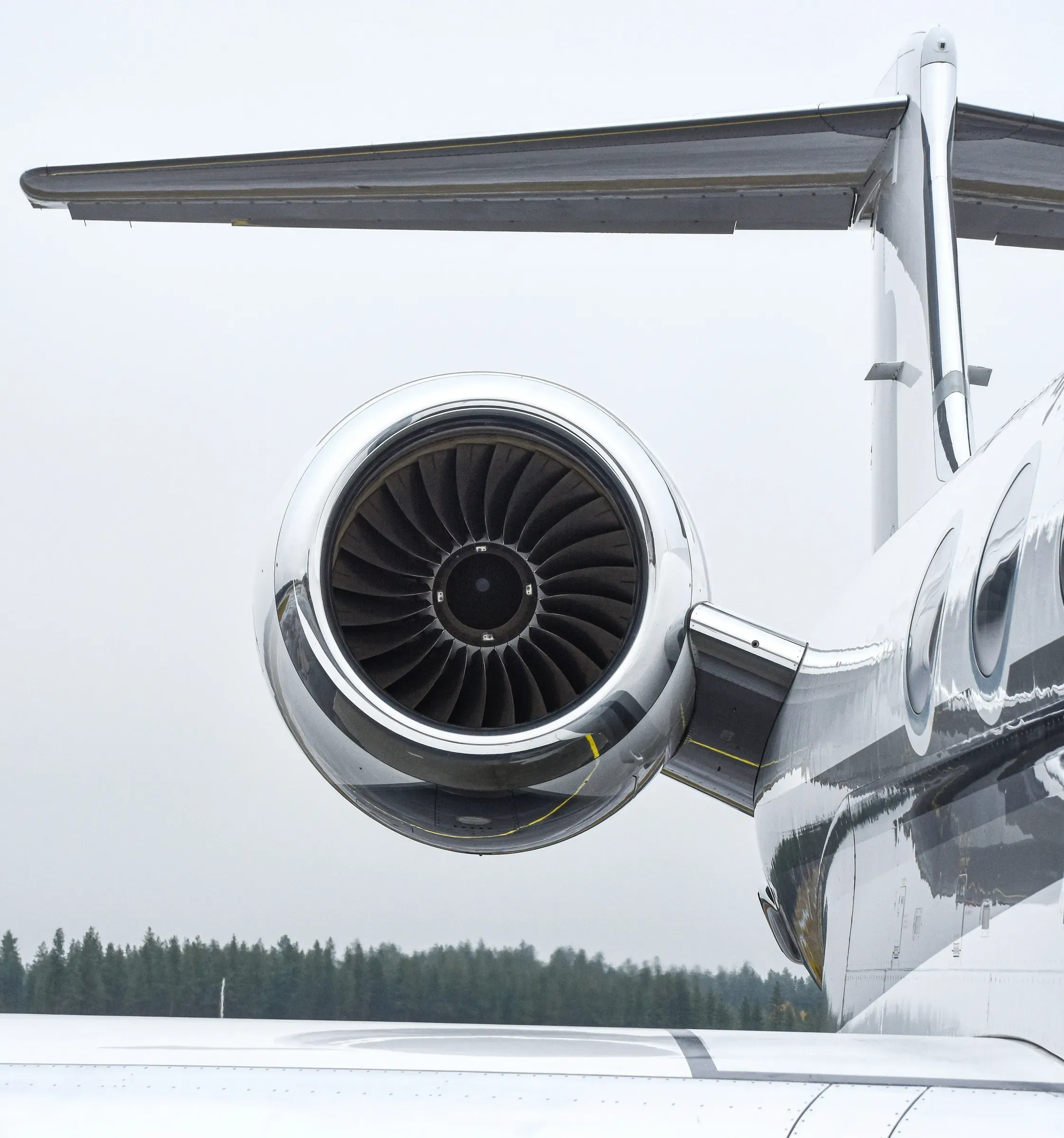 The rear engine and tail of a private jet against a white sky